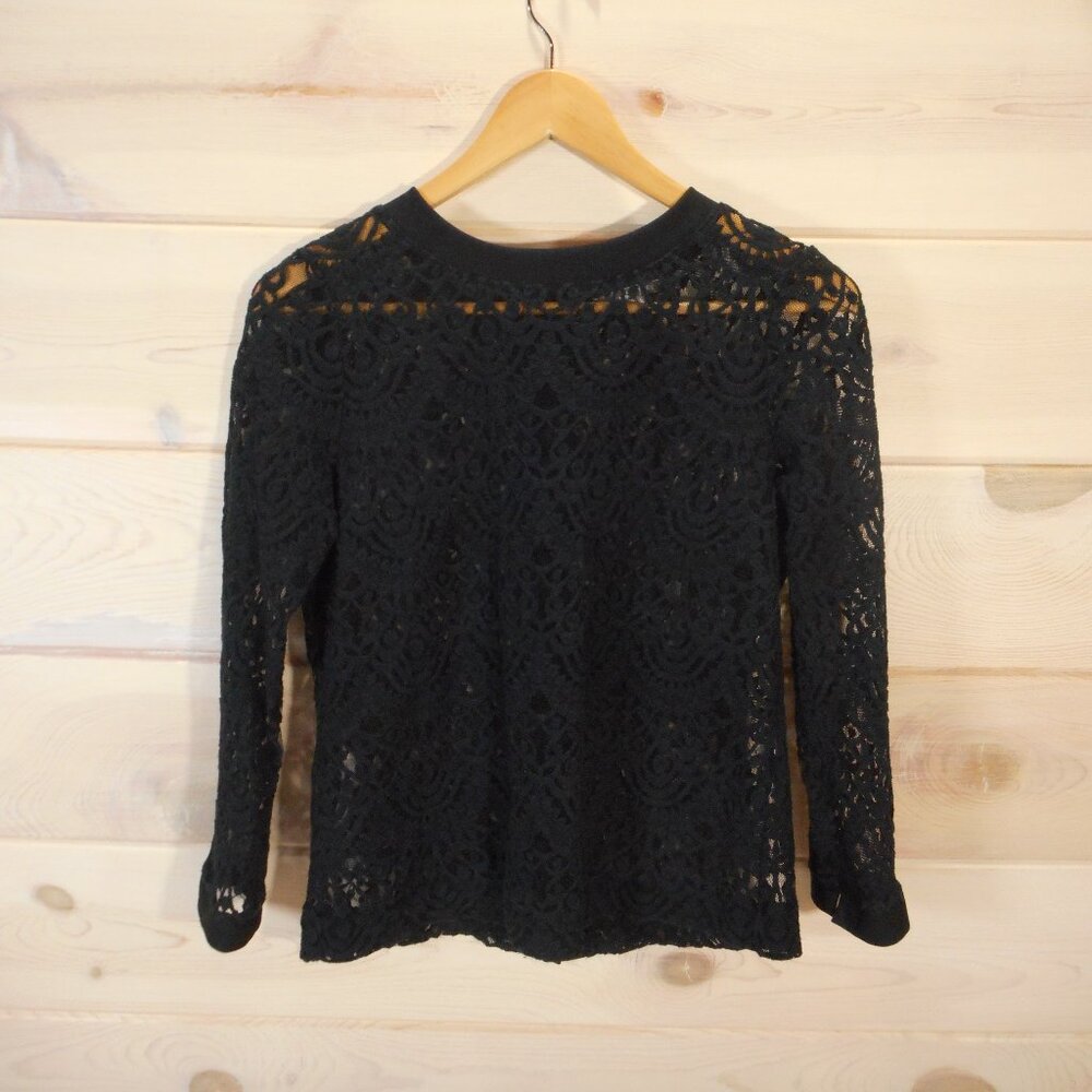 Banana Republic Women's Size M Black Lace Blouse Sheer Button-Back 3/4 Sleeve